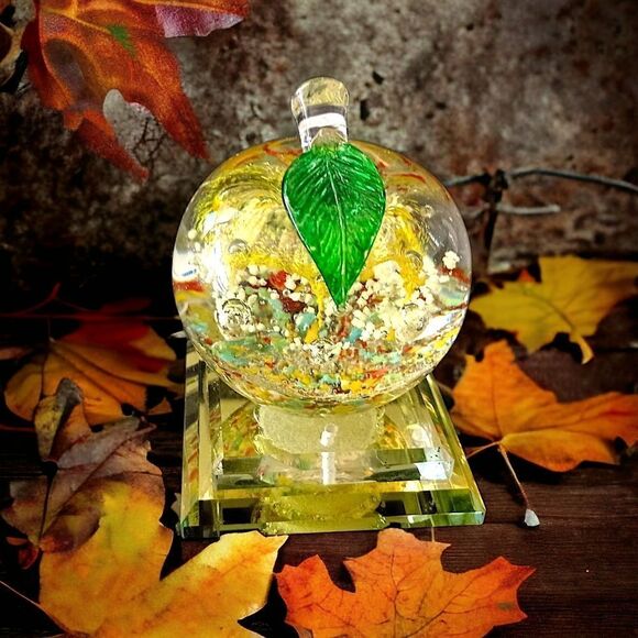 Handblown Apple Paperweight Art Glass Pedestal Multi Colored Bubbles TINY FLAW. - Picture 12 of 16